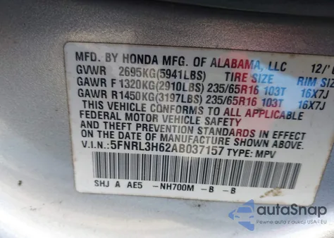 2010 Honda Odyssey Ex-L z USA, uszkodzony, nr VIN 5FNRL3H62AB037157